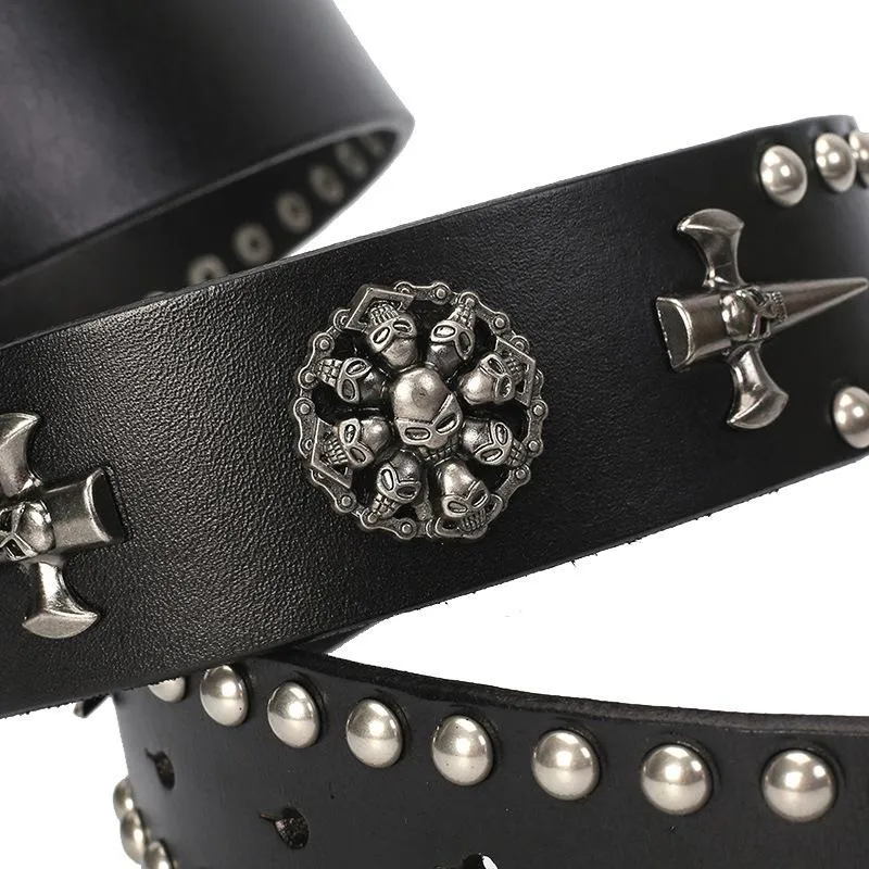 Belts Western Fashion Skull Rivets Studded Men Women Genuine Leather Waist Strap Punk Rocky Paisley Embossing Buckle220h
