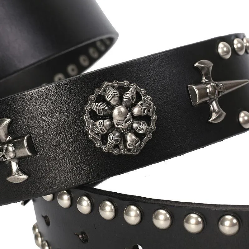 Cintos do crânio da moda ocidental rebite homens cravejados para mulheres, cintura de couro genuíno tira punk rocky Paisley em relevo Buckle297b