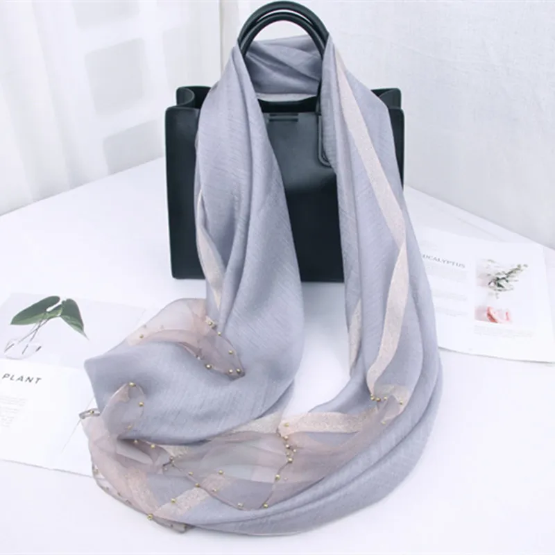 Silk Filigree Ripple Scarf med äkta Pearl Muslin Hijab 2020 Mode Vår Sommar Höst Luftkonditionering Handduk