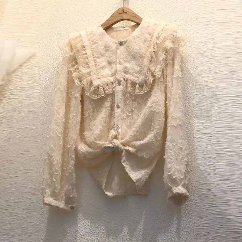 Коробов весна лето новый шикарный корейский женские блузки элегантный длинный рукав рубашки белый питер Pan воротник мохеров Blusas 210430