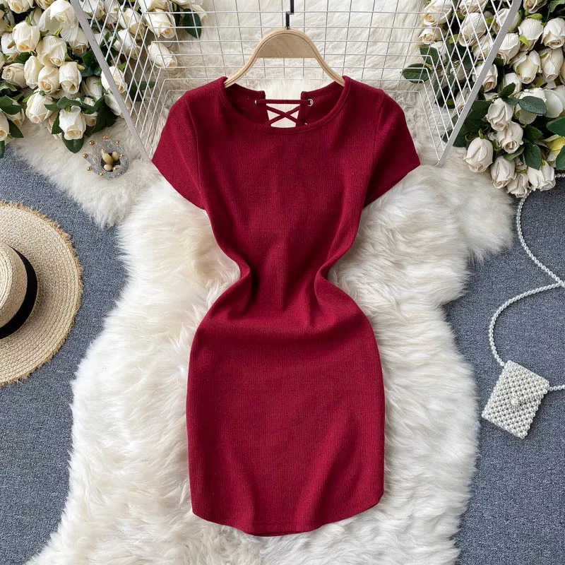 Vintage Spring Summer Dress Knitted Soolid Bandage Sexy Fashion High Waist Vestidos Korean Bodycon Woman Dresses 210415