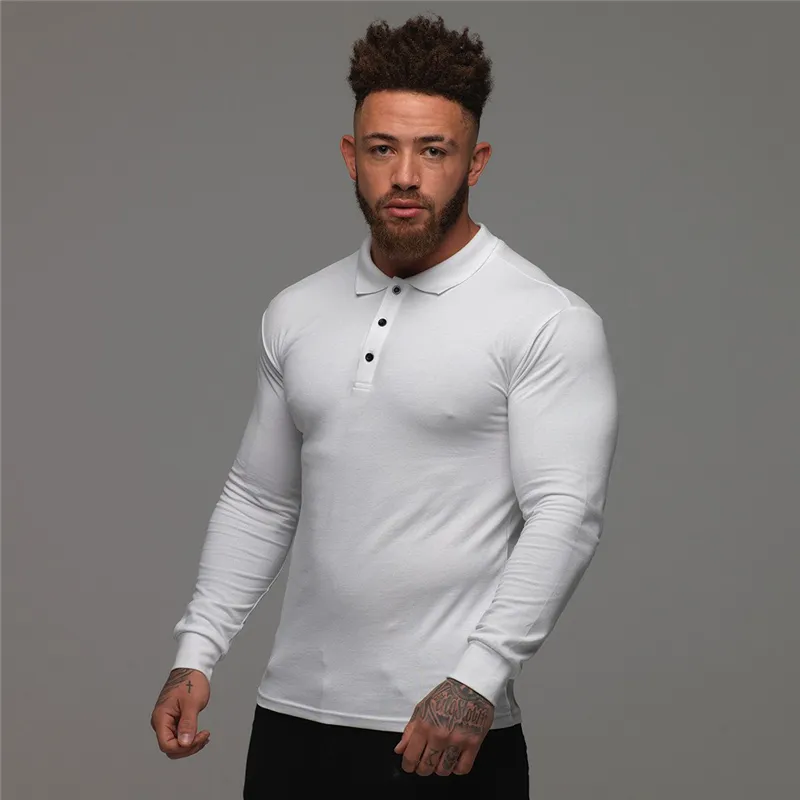 Jesień Z Długim Rękawem Polo Koszula Mężczyźni Slim Fit Turn-Over Collar Moda Casual Bawełna Oddychająca Solid Color Business Polo Koszula 210421