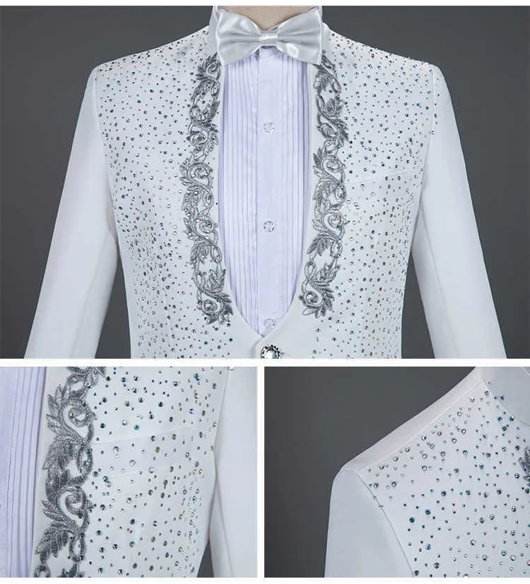 白い刺繍のスーツの男性ダイヤモンドの結婚式の新郎Tuxedoスーツの男性ステージシンガー衣装ホムパーティープロムメンズスーツx0909