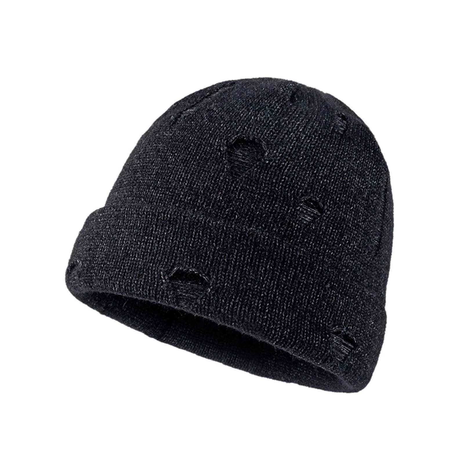 Unisex Fashion Casual Ripped Wollen Hoed Solid Warm Outdoor Gebreide Hoed Alle Match BreiGed Stretchy Design Cap Men Decor accessoire Y21111