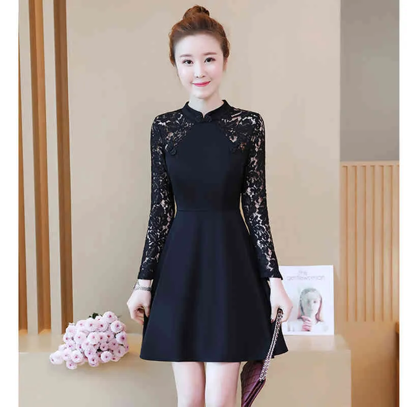 Femmes printemps automne robe Style chinois Cheongsam-style dentelle couleur unie à manches longues mince court es QX903 210507
