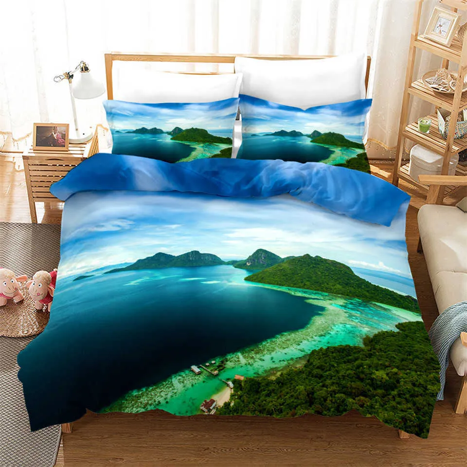 Blue Sea Beach Set copripiumino 3D Scenario naturale Stampa Vestiti da letto Ragazzi Twin Full Queen King Size Copriletto Set Stile romantico 210706