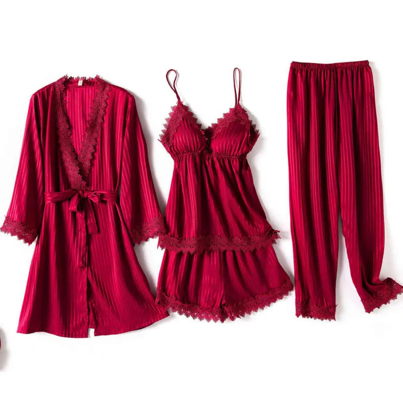 Seide Pyjamas Set Spitze Frauen Robe Kleid Sexy Satin Nightsuits V-ausschnitt Nachthemd Schlaf Anzug Nachthemden Kimono Pyjama Nachthemden 210928