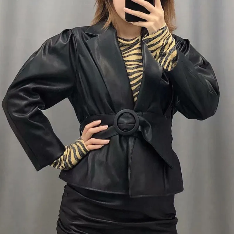 Женщины осень PU случайные пиджаки пальто с длинным рукавом створки черные зубчатые женские элегантные уличные блейзер верхняя одежда одежда 210513