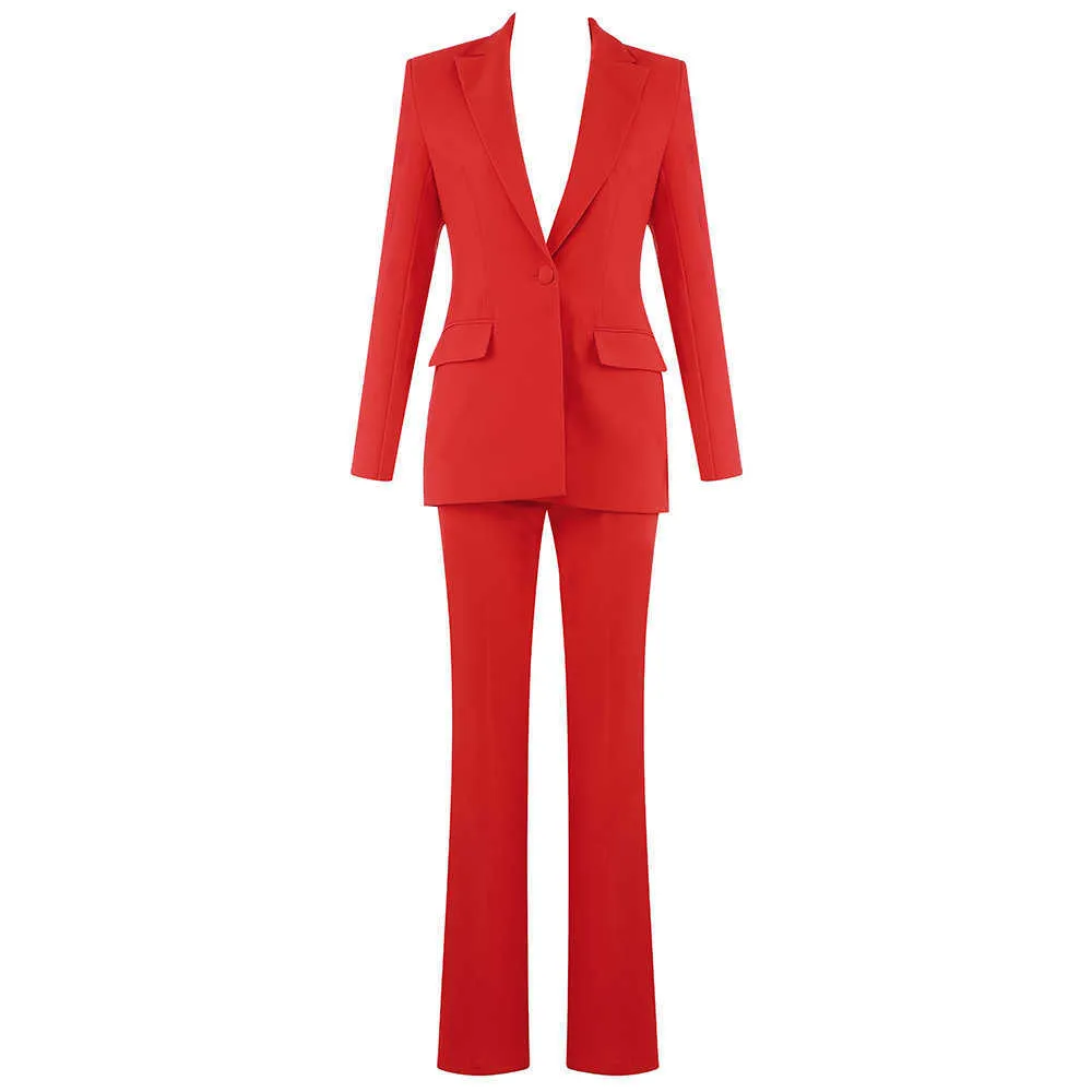 Ensemble de vêtements d'hiver pour femmes Sexy rouge à manches longues Blazer manteaux bureau dame deux pièces botte coupe pantalon costumes 210527