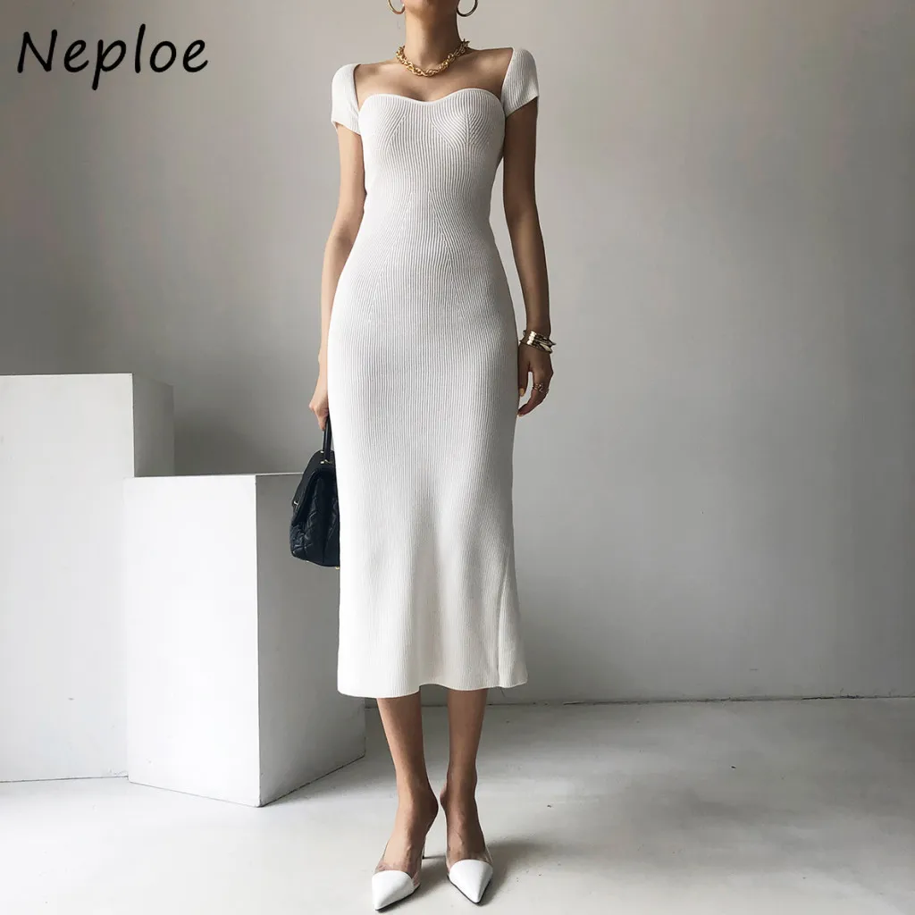 Wysoka talia Hip Bodycon Temperament Sukienka Kobiety Kwadratowy Kołnierz Krótki Rękaw White Vestidos Lato Robe Split 210422