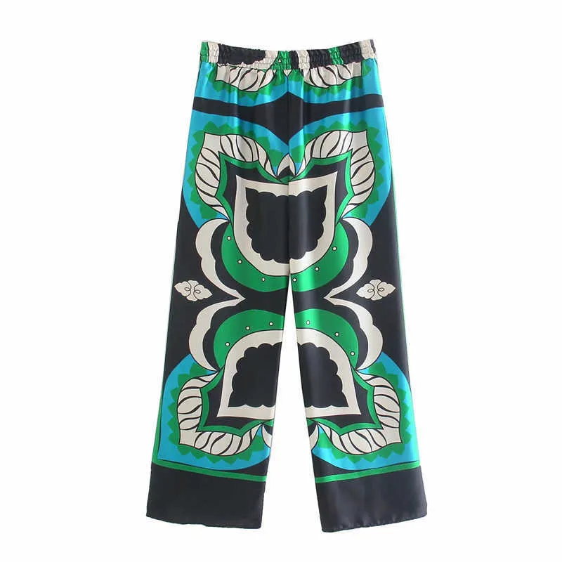 Traf mujeres pantalones za verde ancho pierna pantalón verano vintage impresión alta cintura mujer pantalones streetwear casual conjuntos sueltos 210915