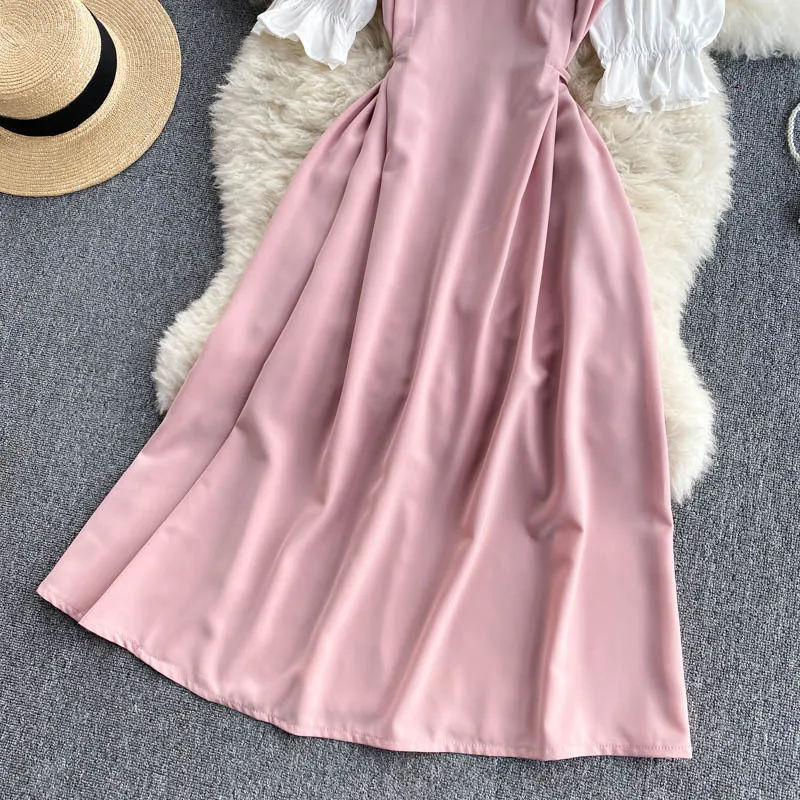 Singreiny Women Franska Solid Klänning Elegant Söt Puff Sleeve O Neck A-Line Office Klänningar Sommar Fashion Streetwear Midi Dress 210419