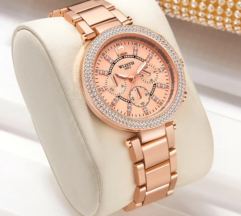 Bracelet en acier inoxydable Lignt luxe élégant femmes montres Moment parfait plein diamant cadran rond Quartz or rose montre-bracelet WLIS317w