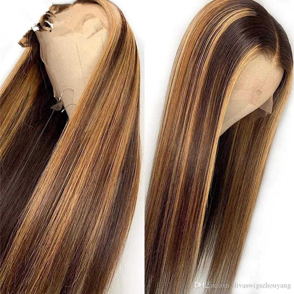 Ombre High Gloss Perücke braune Honigblondfarbe HD Gesamtspitze vordere menschliche Haar Perücke gerade Haare voll 360 Lace6810104