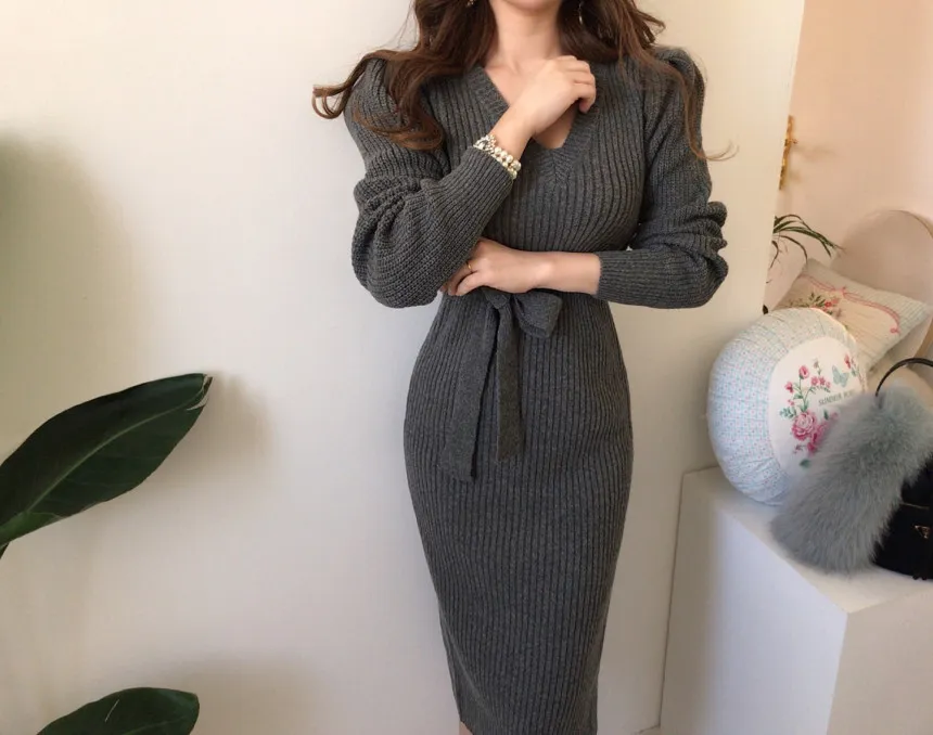 Vestido largo coreano elegante de punto para mujer, manga de invierno con cuello en V, suéter con cinturón, Vestidos de moda para mujer, Vestidos Vintage 210513