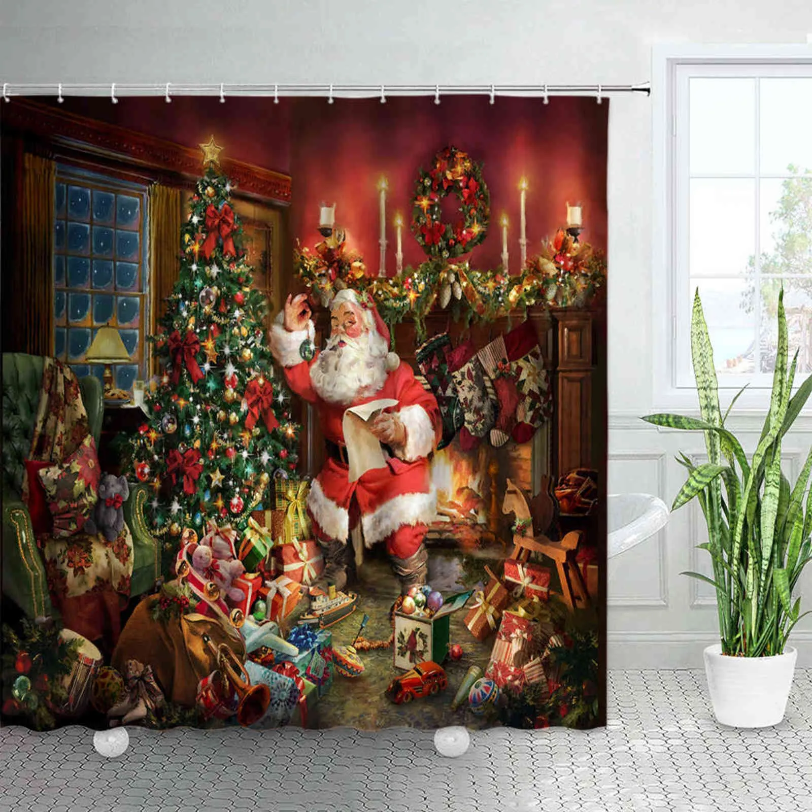 3Dレトロなクリスマスシャワーカーテンセット赤いサンタクロースクリスマスツリーかわいい猫の休日の装飾浴室ファブリックバスカーテン211116