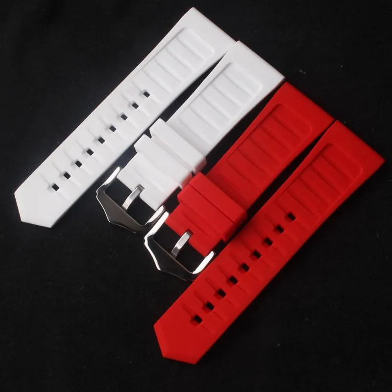 Titta på Bands 23mm 24mm 26mm 28mm Rostfritt stål Pin Buckle Band Classic Strap Watchband för Sport Wrist Watches Soft Rubber Red W259W