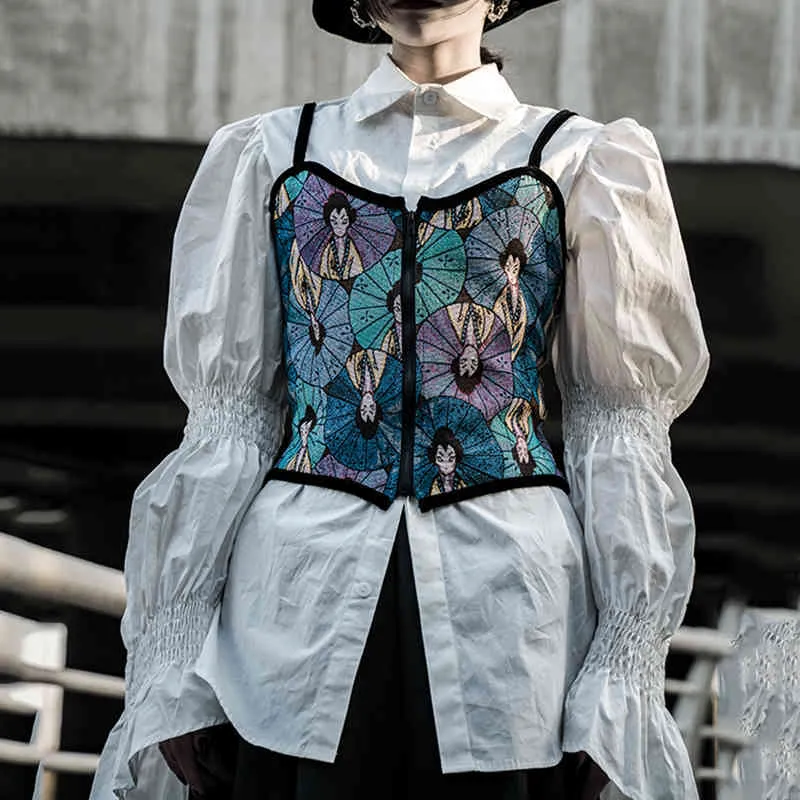 [EAM] femmes blanc motif imprimé Blouse revers manches longues lanterne coupe ample chemise mode printemps automne 1DD6212 21512