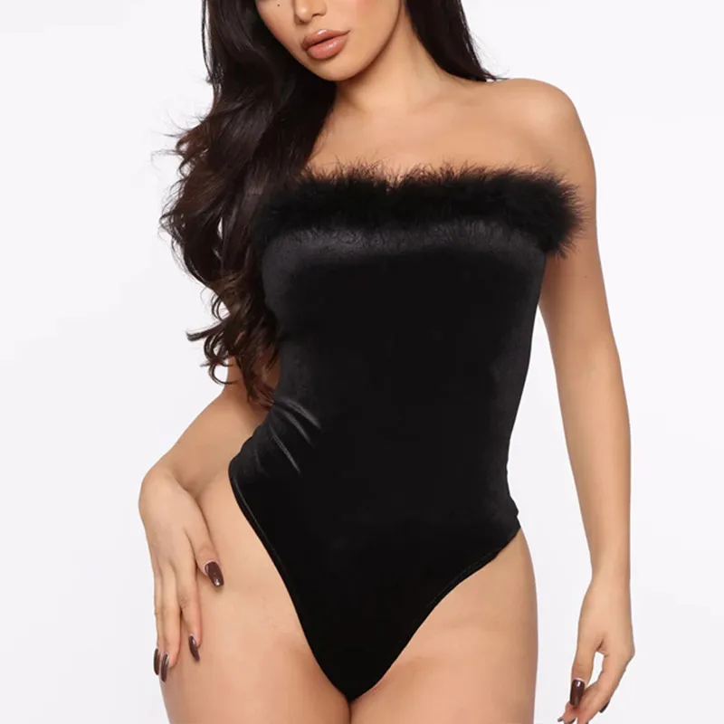 OMSJ Dames Sexy Off-Shoulder Fur Feather Rompertjes Femme Party Clubwear Overalls Strapless Jumpsuit Herfst NightOut Outfits 210517