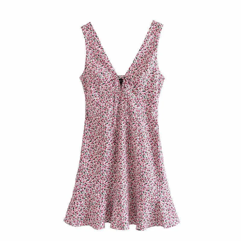 Za Mini abito con stampa floreale rosa Donna senza maniche Elastico con smock e orlo con volant Abiti con nodo Donna con zip laterale Abiti vintage 210602