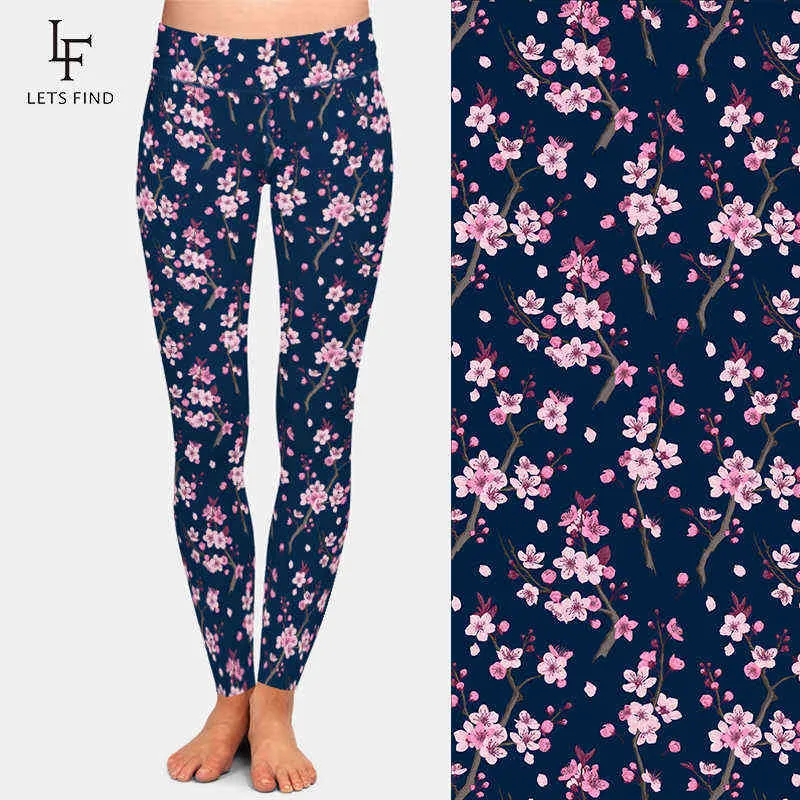 LETSFIND Fashion 3D Cherry Blossom Stampa digitale Leggings da donna Vita alta Plus Size Soft Slim Fitness 210925