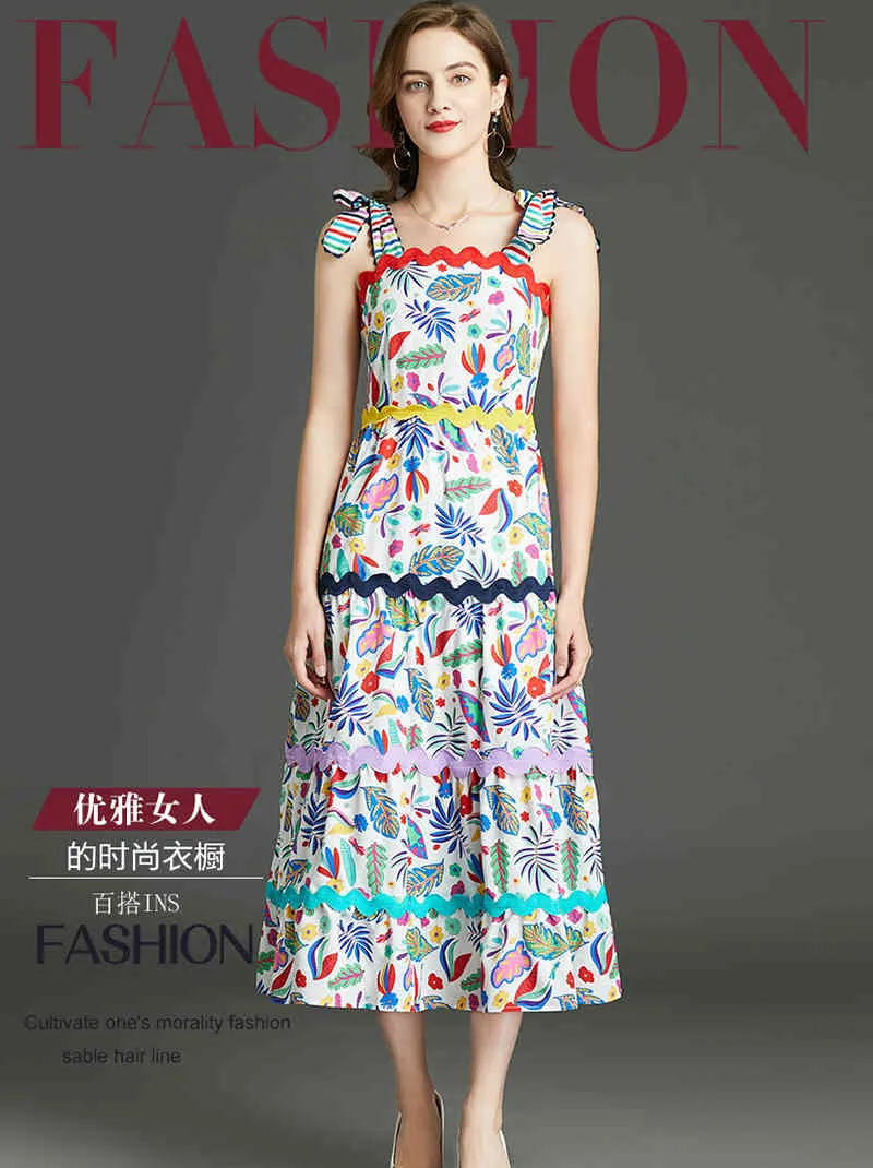 Zomer Runway Jurken Elegante Vrouwen Multicolour Retro Bloem Print Spaghetti Strap Boho Lange Een Lijn Feestjurk Sundress 210514