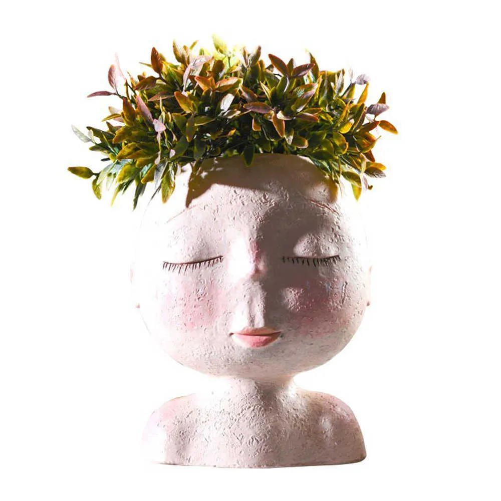 Nordic Creative Resin Human Head Wazon Art Kwiat Układ Doll Rzeźba Kwiat Doniczkowy Roślina Strona główna Ogród Dekoracja 210623
