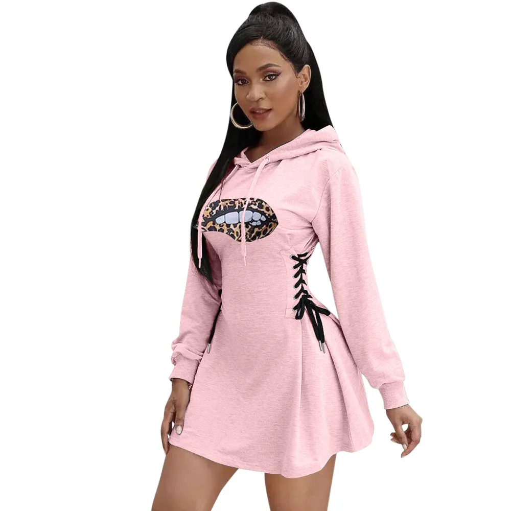 Product Solid Long Mouw Mini Party Jurk Zwart Vrouwen Hoodies Tuniek Side Drawstring Sexy Outfits 210525