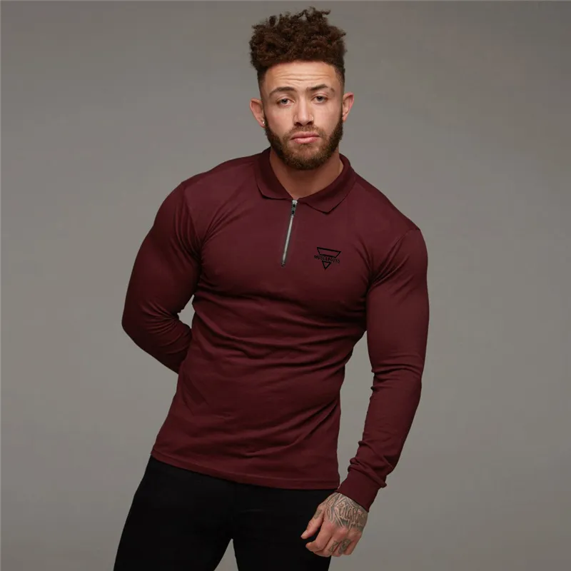 MuscleGuys Polo Shirt Mens Lange Mouw Rits Draai aan Kraag Slim Fit Ademend Gym Kleding Bodybuilding Fitness Poloshirt 210421