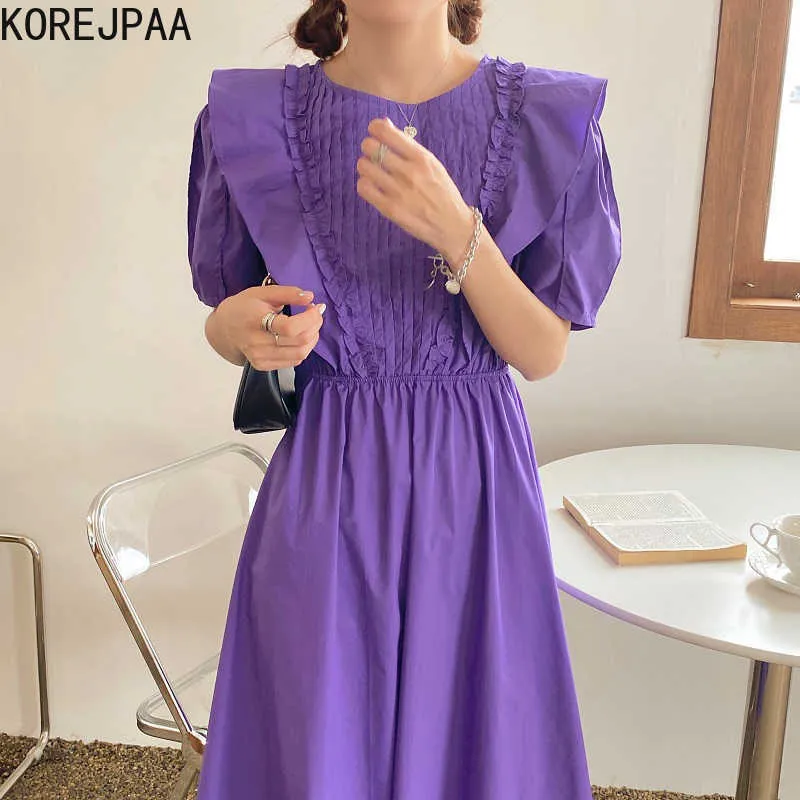 Korejpaa Kvinnor Klänning Koreansk Fashion Chic Elegant Pläterad Ruffles Side Stitching Back Tied Bubble Sleeve Long Vestido Kvinna 210526