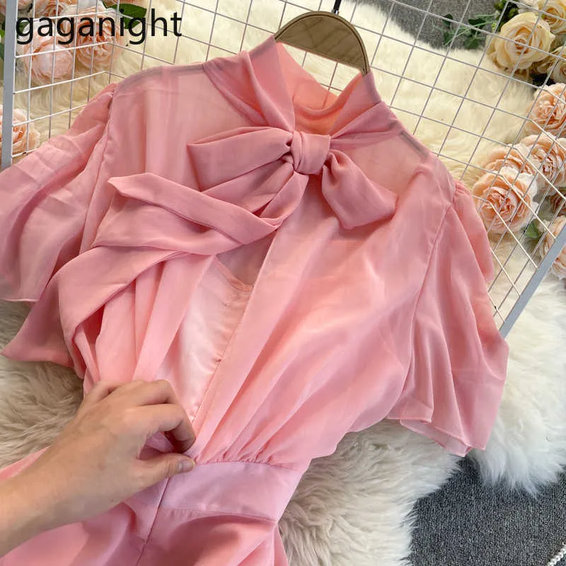 Elegante Frauen Rosa Party Maxi Kleid Sommer Kurzarm Geraffte Chiffon Robe Damen Vintage Bankett Verband Vestidos 210601