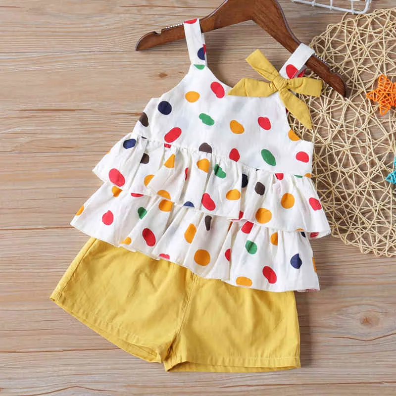 Leuke meisje kleding set zomer baby cherry polka dot gedrukt strik vest top + effen kleur shorts kinderen 2 stks 210515