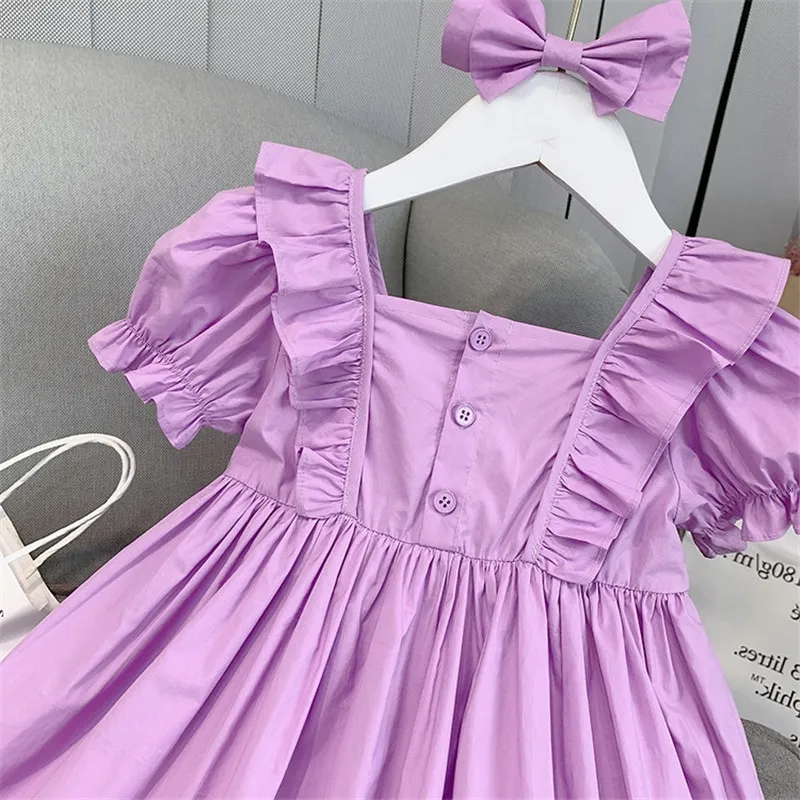 Été filles robe mode enfants vêtements manches bouffantes à volants princesse mignon violet enfants avec arc 210515