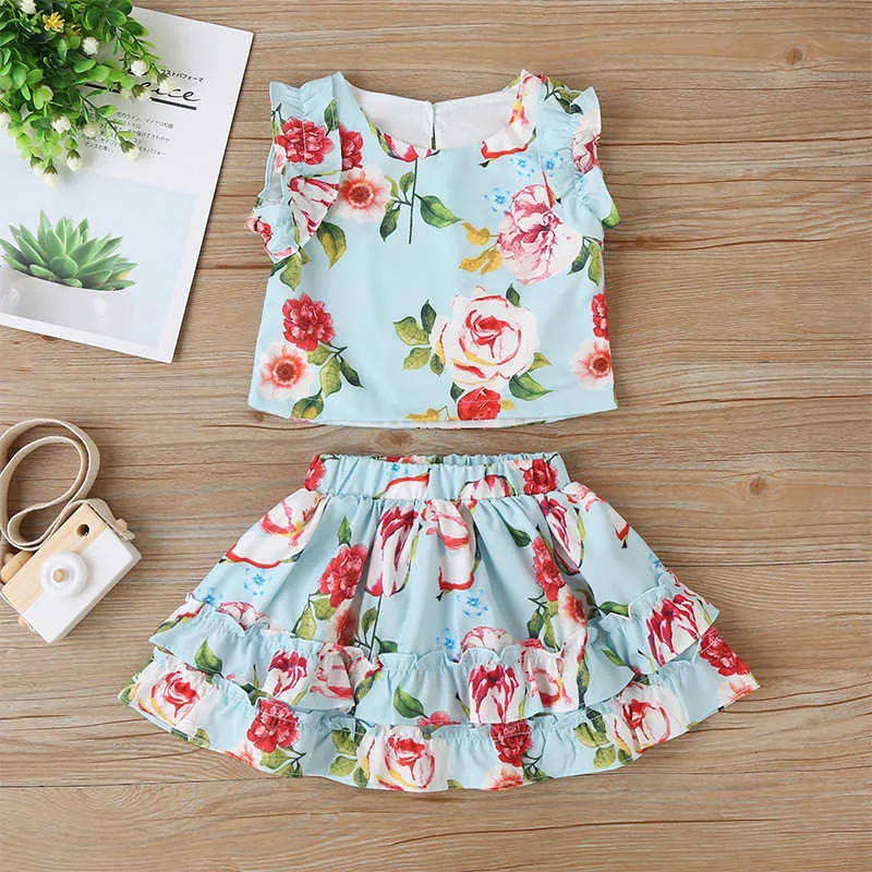 Sommer Kinder Sets Casual Mädchen Ärmellose O Neck Print Floral Tops Kurzen Rock Nette Kleidung 9M-4T 210629