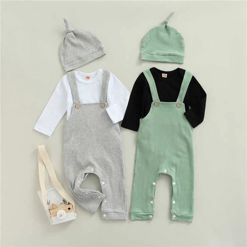 3 Stück Neugeborenes Baby, weicher Langarm-Strampler + Hose + Overall + Hut, einfache einfarbige Frühlingskleidung für Partys, 0–12 Monate G1023