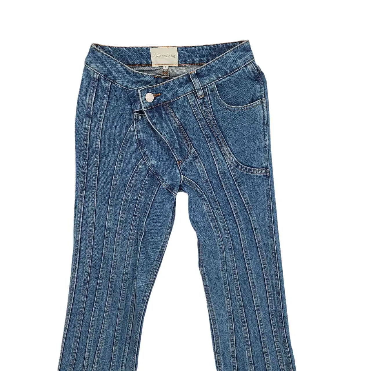 été femmes vêtements taille pleine longueur bleu clair denim pantalon rayé flare bas mince mince jeans mode WP92305L 210421