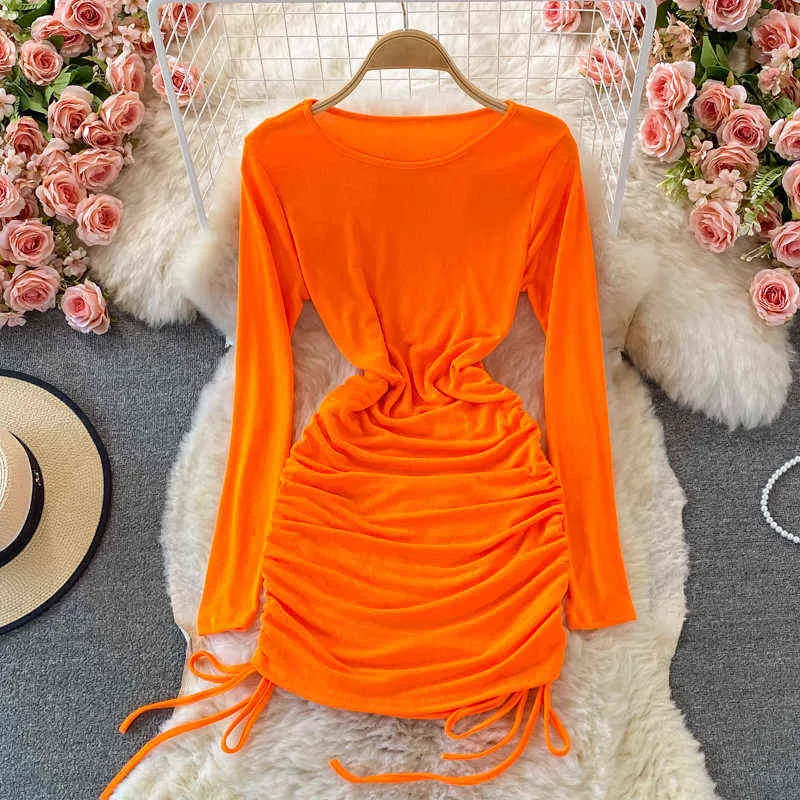 女性のための秋のsxyエレガントなドレス2021韓国のシックなレトロoネック薄型巾着弾性タイトフィッティングヒップドレスvestidos y1204