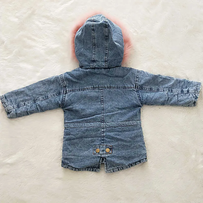 Winter Kleinkind Mädchen Denim Jacke Plus Samt Fell Kapuze Warme Mädchen Oberbekleidung Parka Mantel Baby Dicke Mäntel Kinder Kleidung 2-7 jahre H0909