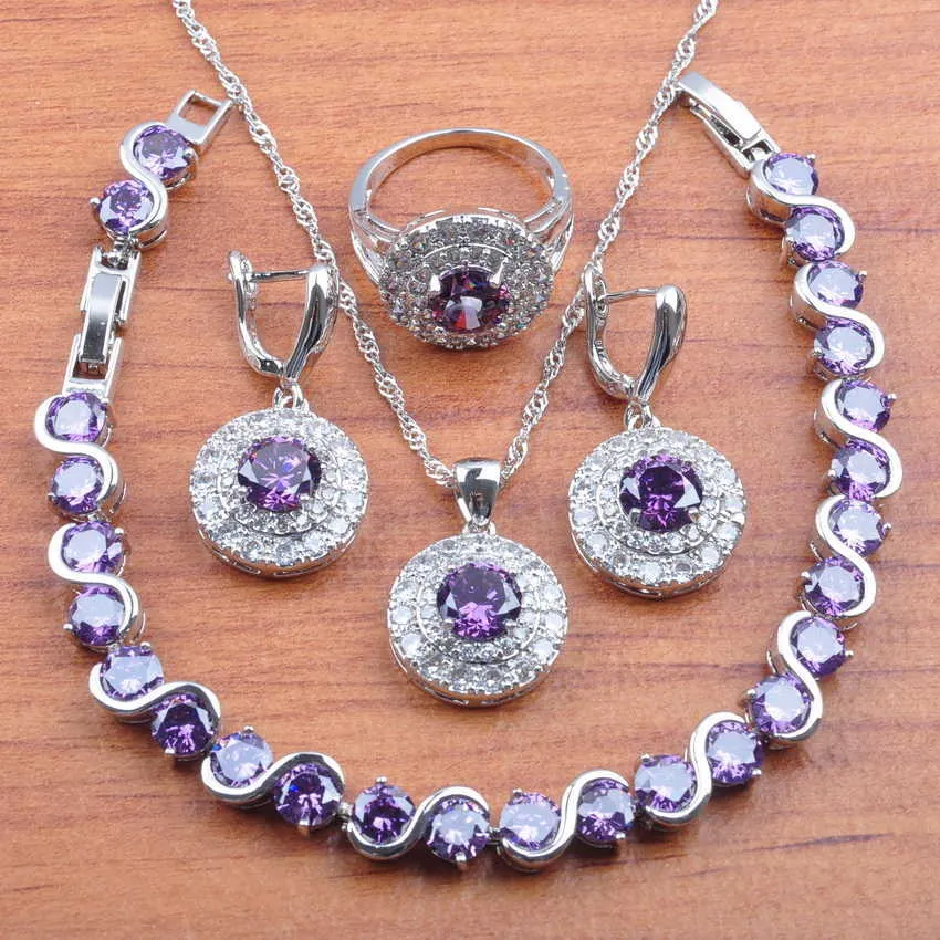 Ensemble de bijoux de qualité AAA + pour femmes, bijoux de mariée, boucles d'oreilles en zircone cubique violette, collier, bague, Bracelets, JS0271 H1022