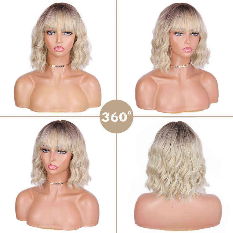 Słajnia Krótkie Omber Blonde Peruki Wigs Falisty Bob Z Air Bangs Damska Syntetyczna Kędzierzawa Pastelowa Dla Dziewczyny Kolorowa Cosplay 0121