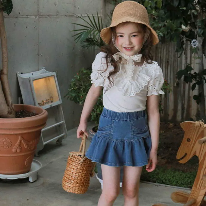 Style coréen été adolescents filles T-Shirt couleur unie volants col Blouses doux enfants vêtements E612 210610