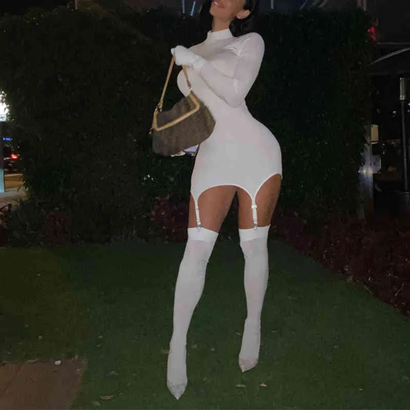 OMSJ Otoño Vestido de noche Mujer Sólido Bodycon Moda Blanco Mini con medias Manga larga Clubwear Flaco Fiesta es 210517