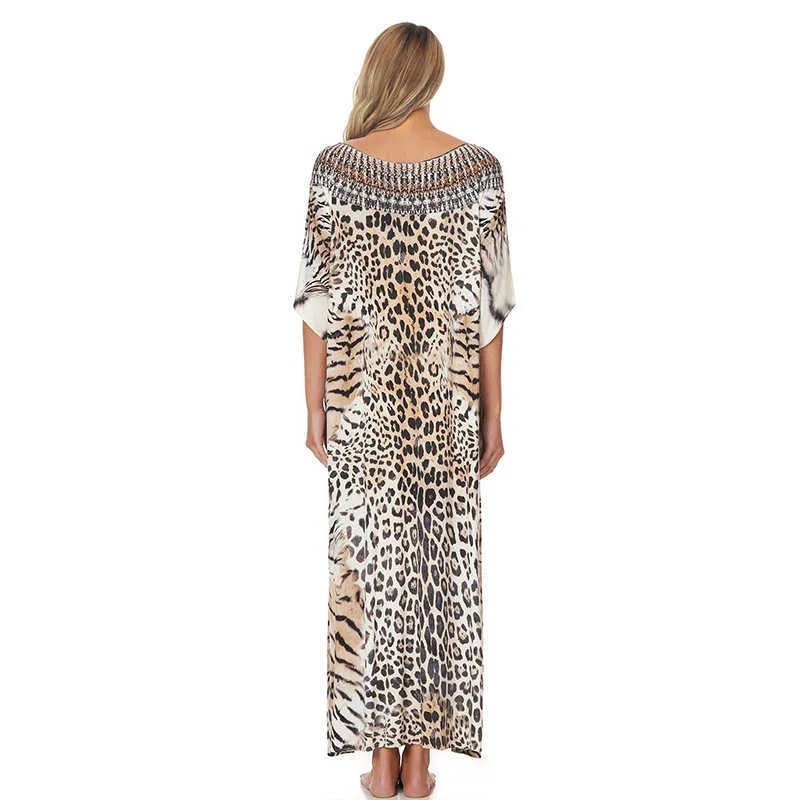 Leopard Print Swimsuit Cover Up Plus Size Bohemian Maxi Dress Pareos de Playa Mujer Kaftan Sarong Tunika för Beach Badkläder 210722