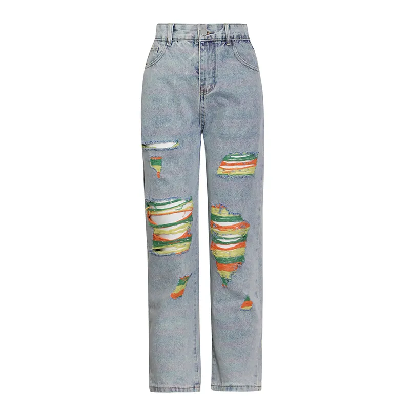 Denim Hit couleur Patchwork pantalon pour femmes taille haute trou droit Jeans décontractés femme mode vêtements 210521