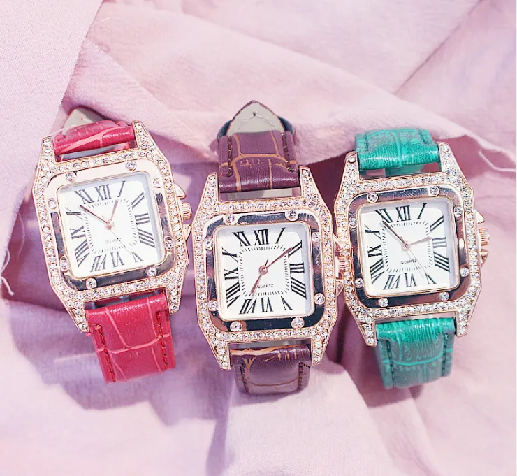 Cała marka Kemanqi Square Diamond Diamond Bezel Skórzane zegarki damskie zegarki damskie w stylu kwarcowe zegarek na rękę 283t