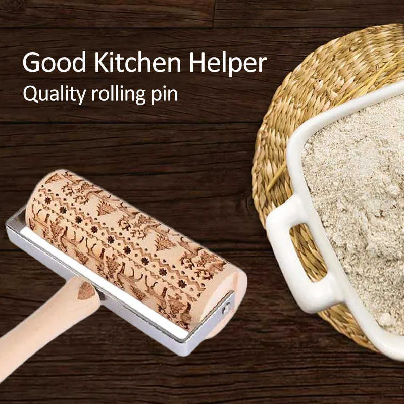 Kerstmis Embossing Rolling Pin Bakken Cookies Noodle Biscuit Fondant Cake Dough Gegraveerde Roller Rendier Sneeuwvlok 211008