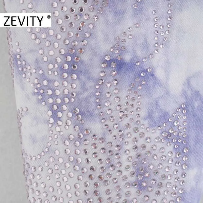 Zevity Women Vintage Tie Dye Målning Kort skjorta Kvinnor Kvinnlig Sequins Dekoration Outwear Denim Jacket Casual Slim Tops CT594 210603