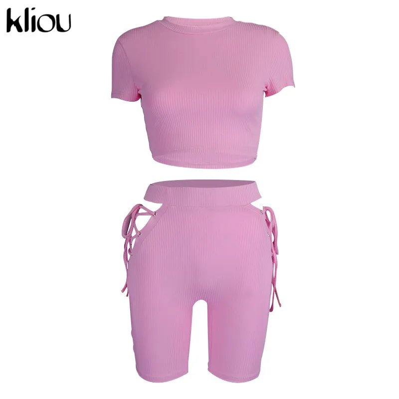 Kliou Tracksuit Kvinnor Casual Ribbed Sportig Solid Matchande Set Kortärmad + Bandage Hollow Out Biker Shorts Stretchy Slim Fitness x0428