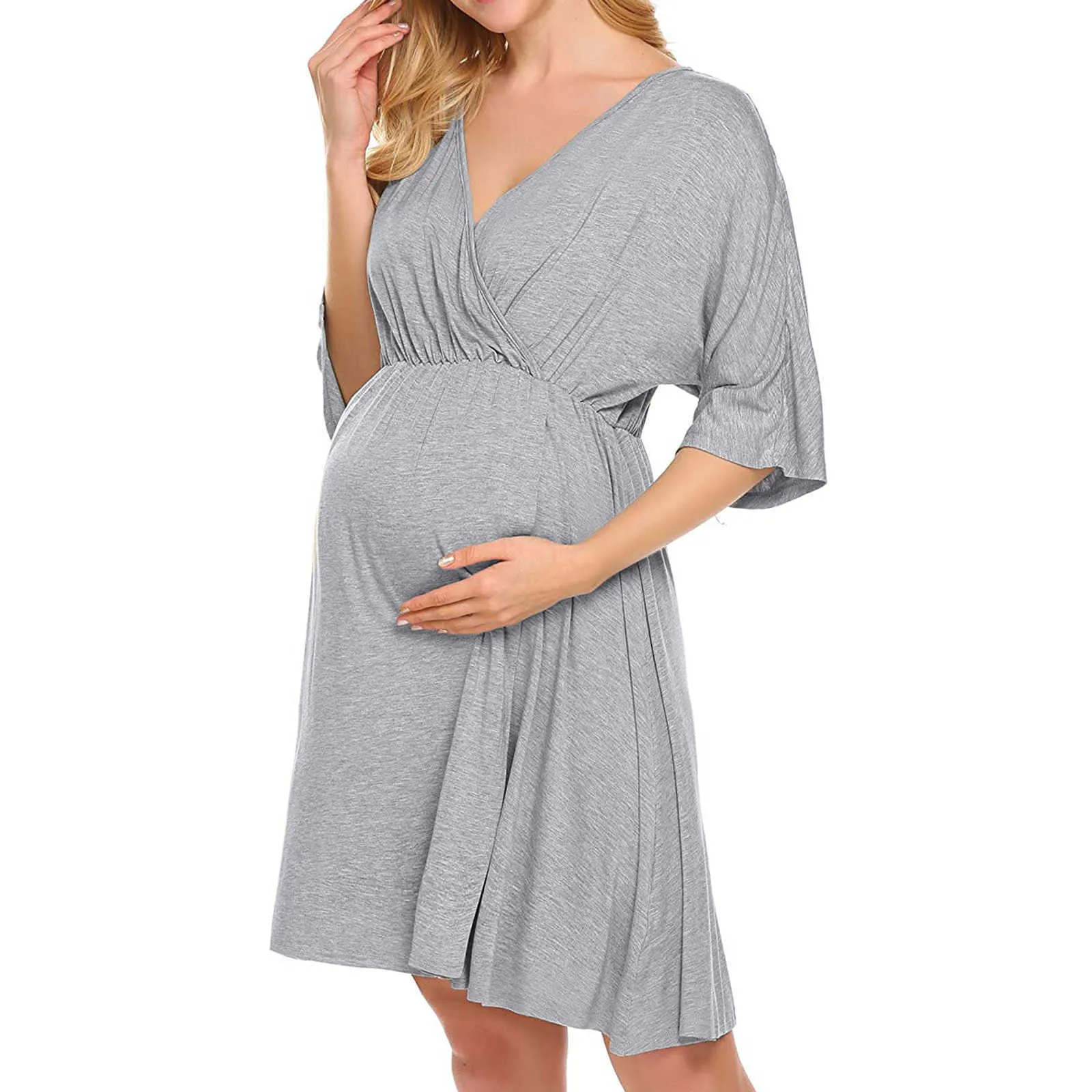 Robe de maternité pour femmes chemise de nuit d'allaitement pour l'allaitement couleur unie à manches courtes vêtements de nuit à col rond vêtements de maternité d'été Q0713
