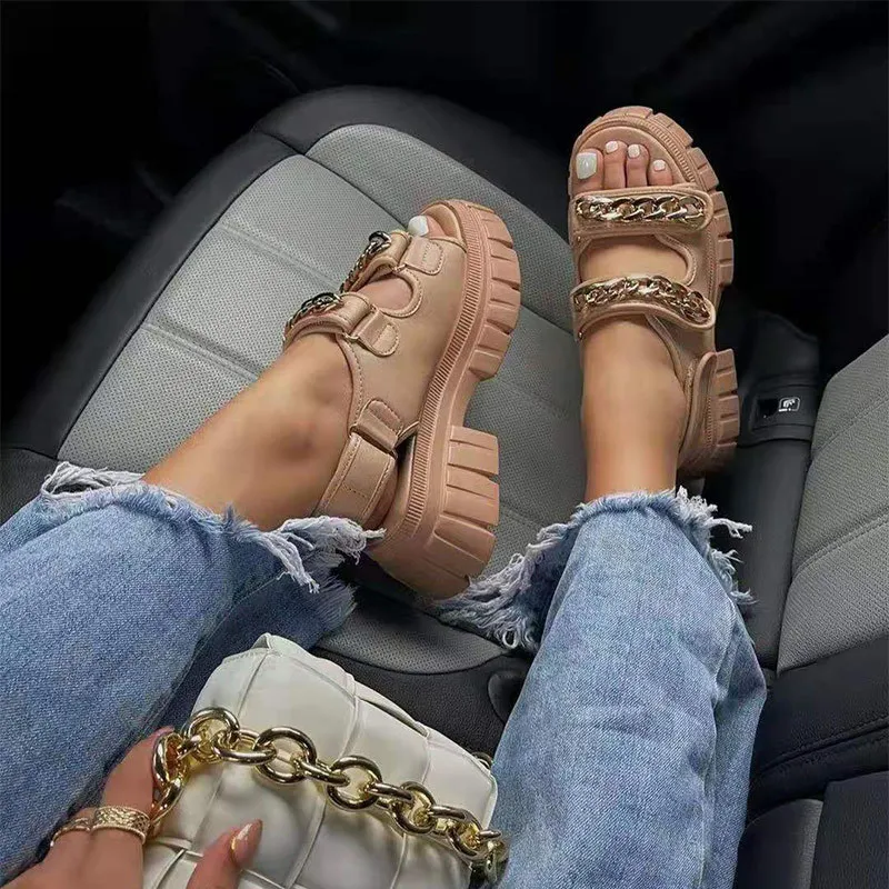 Summer Women Sandals Female Platform Open Toe Thick Bottom Party Shoes Ladies Metal Chain Buckle Strap Casual Footwear 220308